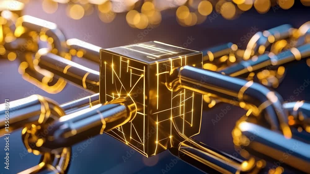 Poster futuristic blockchain concept with interconnected golden chains, network connections on cube, financ