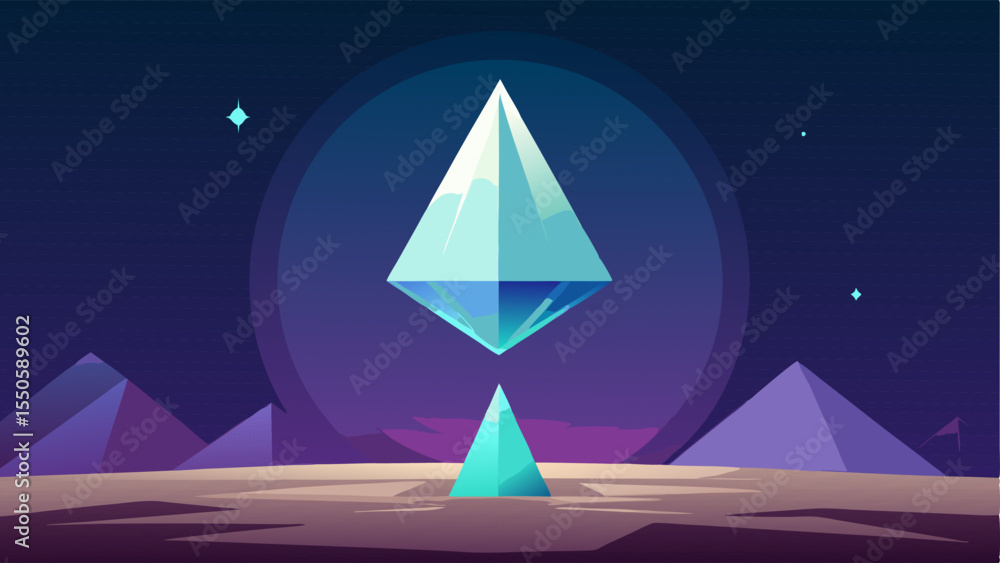 Poster celestial ascendancy this illustration features a shiny translucent pyramid suspended above a serene