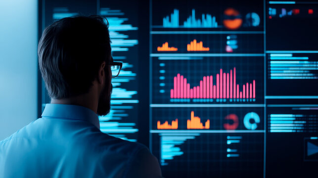 A man analyzes colorful digital data charts and graphs on a large screen in a dark room, focusing on business or technology analytics.