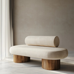 Bench for living room Beige velvet bench with wood Bench with back Minimalist Italian design,Generative ai