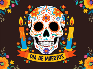 Mexican Sugar Skull Artwork for Dia de Muertos with Bright Flowers and Candles
