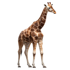 A tall giraffe with its long neck curved slightly, patterned fur clearly visible and ears perked. Full body shown with shadow under feet for grounding. Emphasize skin pattern and facial clarity. 
