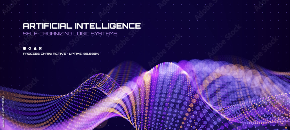 Poster Artificial intelligence concept with self organizing logic systems. Digital wavy data flow for technology integration. Vector graphics. 