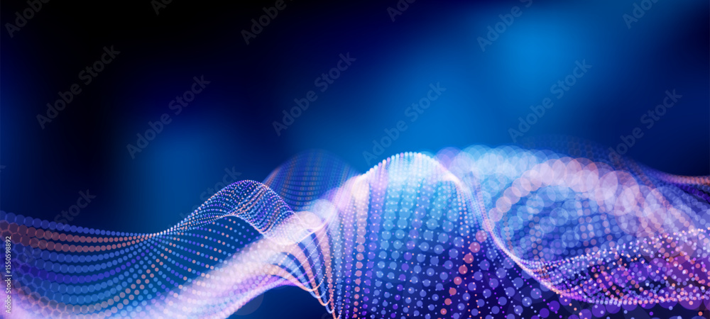 Poster Wavy line of glowing particles on a blue background. Abstract digital data visualization. Futuristic scientific network stream. Vector graphics. 