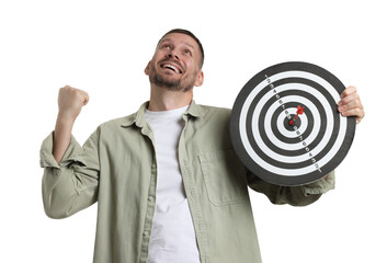 Targeting. Man with dart board and arrow on white background