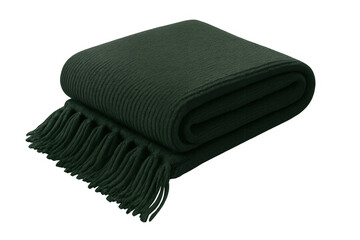 Soft green knitted throw blanket folded neatly, showcasing its texture and tassels, isolated on a transparent background