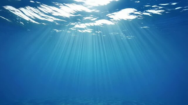 Sunlight beams streaming through ocean water create an ethereal, underwater ambiance above sandy seafloor