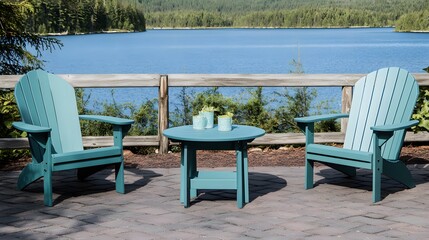Obraz premium Relaxing Adirondack Chairs Lake View Patio Scene