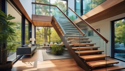 floating wooden staircase with glass railing in open plan home