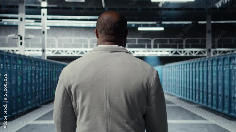 Poster system administrator in data center doing inspection on infrastructure tech handling user requests. 