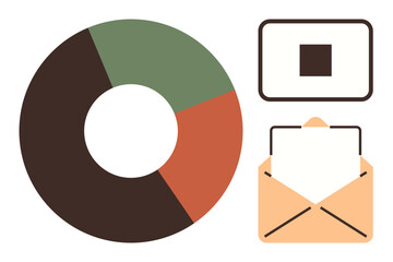 Pie chart with color segments, an open envelope holding paper, and a digital interface box. Ideal for email marketing, data analysis, business, communication, workflow, analysis simple flat metaphor