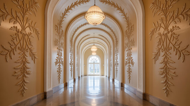 Elegant arched hallway with ornate golden details, illuminated by hanging lights and a distant window.
