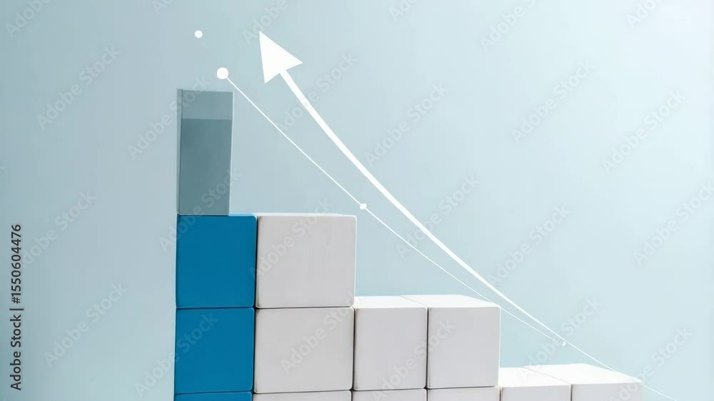 Aufkleber conceptual wooden cube blocks forming ascending steps, an arrow points upwards, symbolizing progress