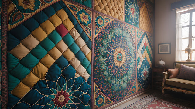 Intricate quilted textile wall panel with geometric and floral patterns in rich jewel tones.