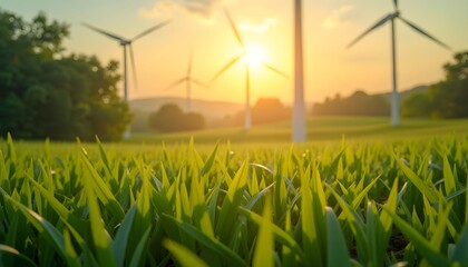 Green Field with Wind Turbines at Sunset in Rural Landscape