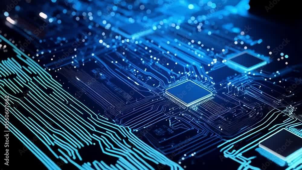 Poster artificial intelligence technology with a computer circuit board, data transfer, digital network and