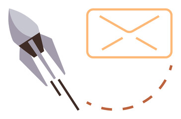 Rocket moving towards outlined envelope along dotted trajectory. Ideal for email marketing, fast communication, digital transmission, innovation, startup ideas, speed, progress. Simple flat metaphor