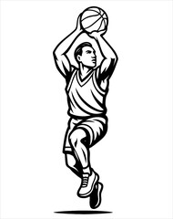 A basketball player is in mid-air, reaching for the ball