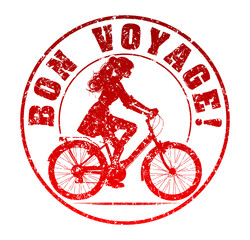 A woman riding a bicycle with the words Bon voyage on it