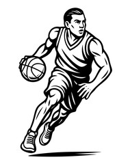 A basketball player is running with a basketball