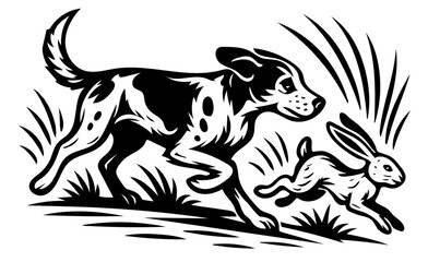 A dog is chasing a hare in a field