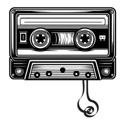 A black and white cassette tape with a white background