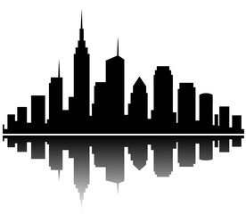 A city skyline is reflected in the water