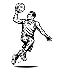 A basketball player is in mid-air, jumping to catch a basketball