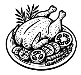 A plate of food with a chicken and vegetables on it