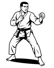 A karate man in a white and black uniform is punching