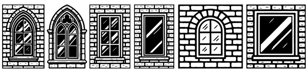 A row of windows with different shapes and sizes