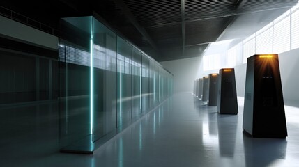 A serene image depicting a row of quantum randomnumber generators in a glassenclosed secure facility showcasing both the futuristic technology and the stringent security measures employed