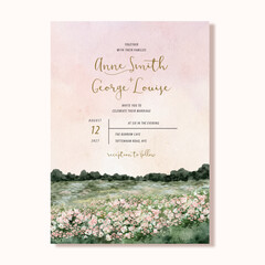 wedding invitation card with dreamy floral garden landscape watercolor background
