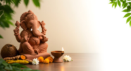 Eco friendly Ganesha idol with turmeric flower coconut leaf and diya on white background for sustainable festival celebration