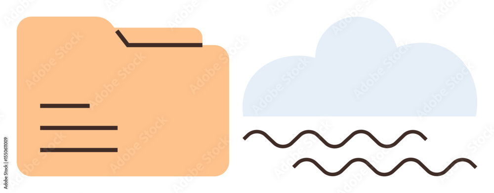 Poster file folder next to a cloud with wavy lines, symbolizing data transfer, backup, or storage. ideal fo