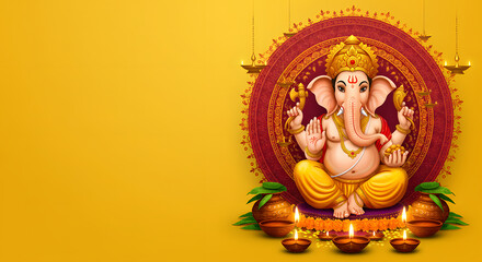 Obraz premium Ganesha sitting in mango garland circle with diya lamp and yellow background for joyful Vinayagar Chaturthi artwork design
