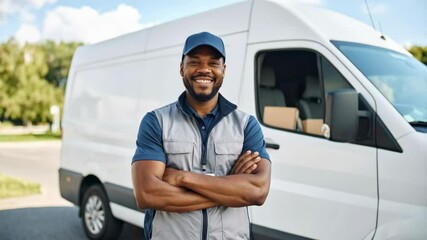 Smiling delivery worker stands in front of a white commercial van with arms crossed wearing uniform and cap, business transportation