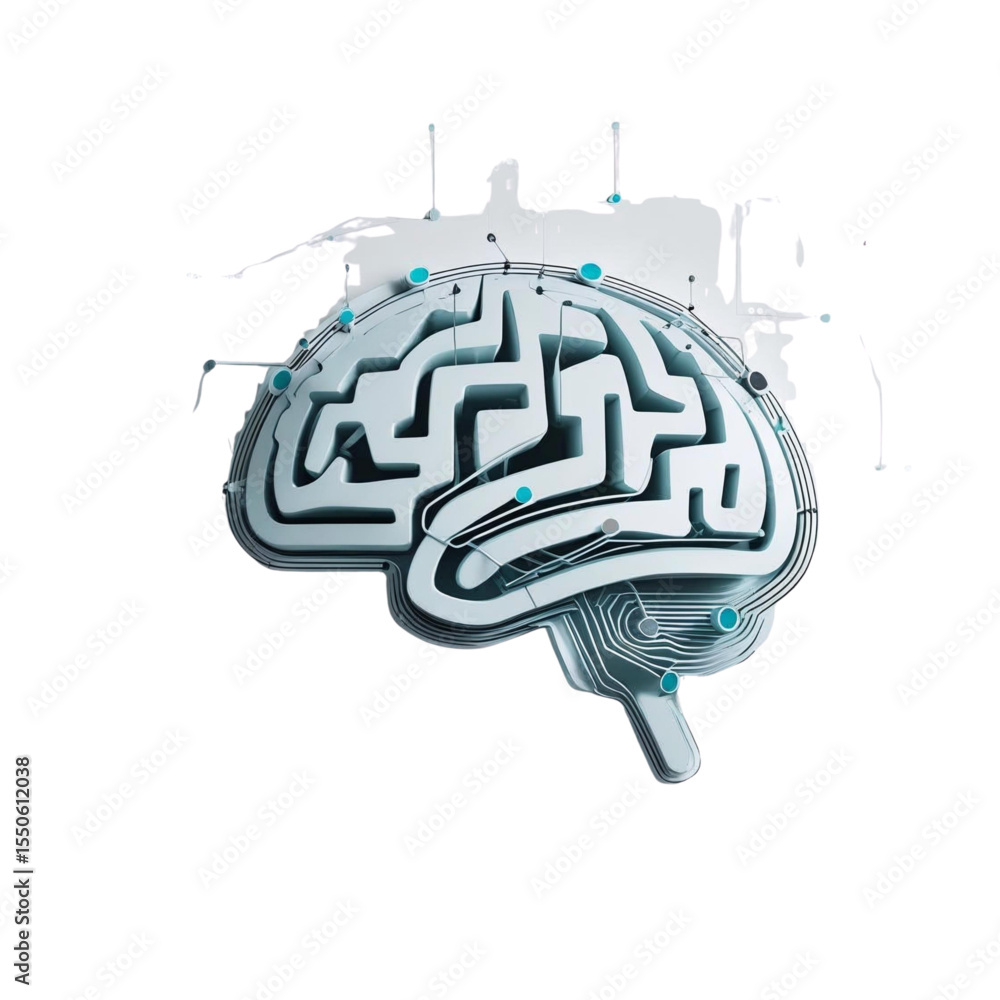 Poster brain maze concept illustration for mental health and problem solving with ai technology design