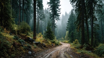 Fototapeta premium A scenic forest road winding through towering evergreen trees in misty weather