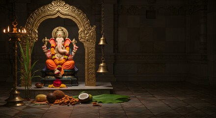 Temple Scene with Ganesha Idol Under Golden Arch Surrounded by Traditional Offerings and Worship Items for Hindu Festival