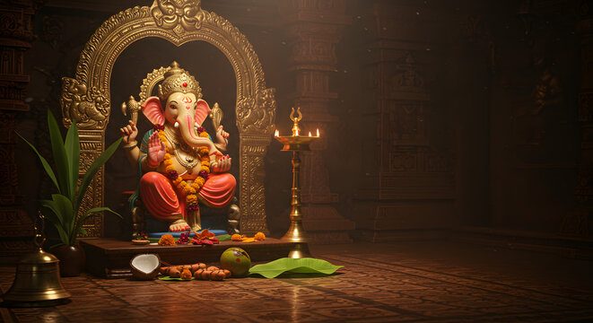 Temple Scene with Ganesha Idol Under Golden Arch Surrounded by Traditional Offerings and Worship Items for Hindu Festival
