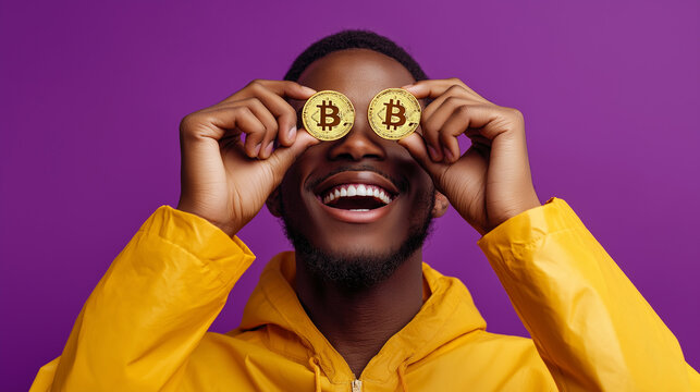 Cheerful young african male with curly hair smiling while standing and holding bitcoins in fingers in front of eyes against purple background - Powered by Adobe