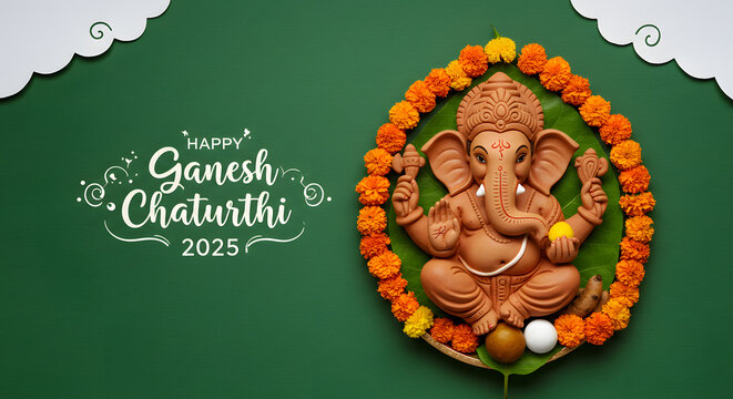 Ganesh Chaturthi festive greeting with eco clay idol, marigold flower, laddu sweet, green background, leaf decoration and celebration message text