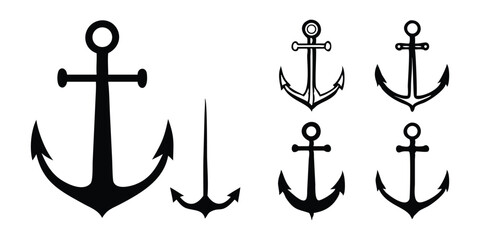 Bold Black Vector Silhouette Icon Set of Anchors for Nautical Themes, Maritime Designs, and Coastal Graphic Projects