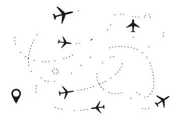 Dynamic Black Vector Illustration of Multiple Airplane Routes with Map Pin for Global Travel Plans, Flight Network Designs, and Adventure Maps