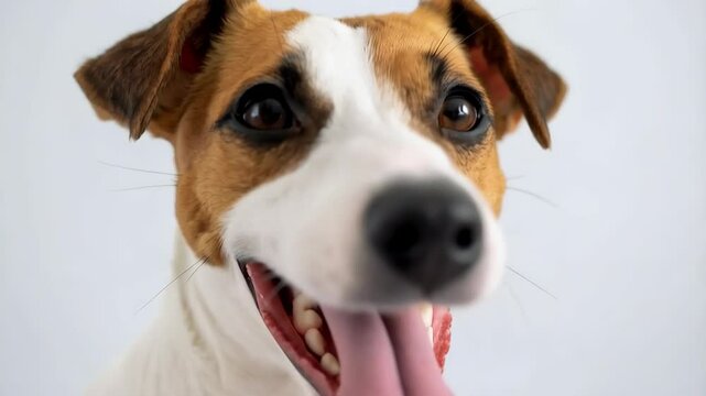 Close-up portrait of a happy dog panting with tongue out, brown and white fur against a plain background in studio setting, canine photography