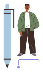 Person wearing casual outfit standing confidently by an oversized pen, symbolizing creativity, individuality, or growth. Ideal for education, design, writing, personal development, identity