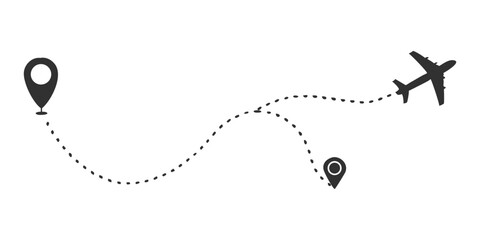 Sleek Black Vector Illustration of Airplane Travel Route with Map Pins for Travel Blogs, Flight Path Designs, and Adventure Graphics