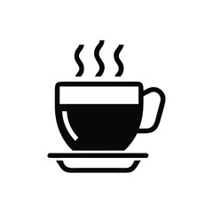 Minimalist Black Vector Silhouette Icon of Coffee Cup with Saucer for Cafe Menus, Beverage Branding, and Kitchen Art Designs
