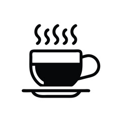 Simple Black Vector Silhouette Icon of Coffee Cup with Saucer for Cafe Branding, Morning Routine Designs, and Kitchen Decor Graphics